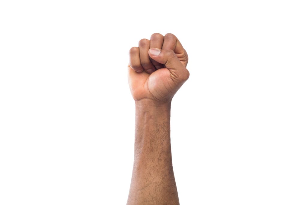 A person 's fist raised in the air.