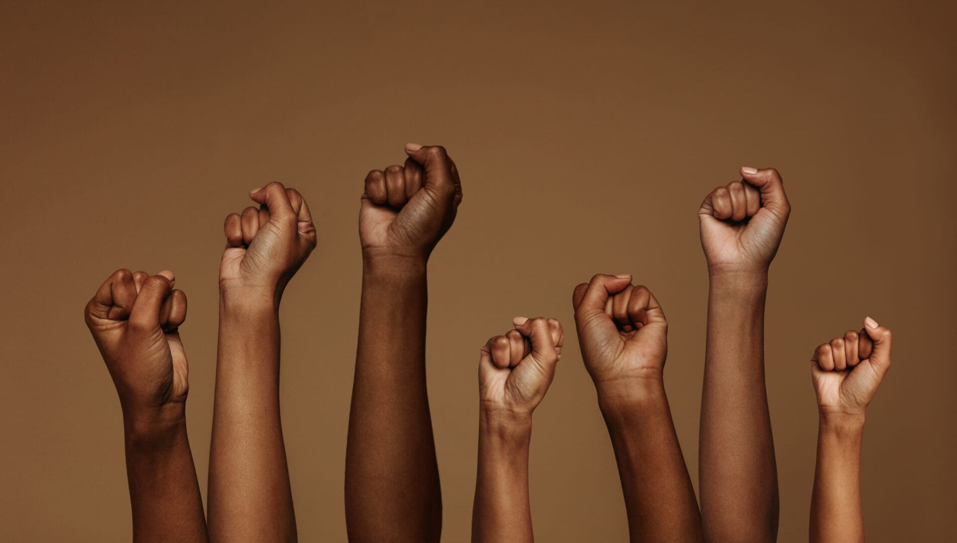 A group of people raising their hands in the air.