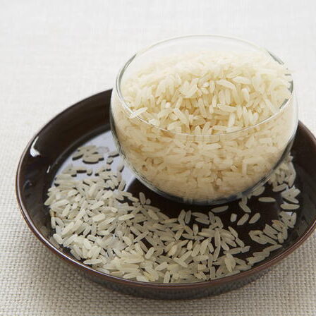 A bowl of rice on top of a brown plate.
