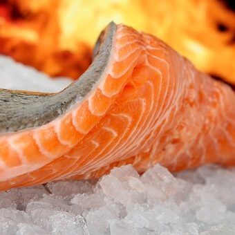 A piece of salmon is laying on ice.